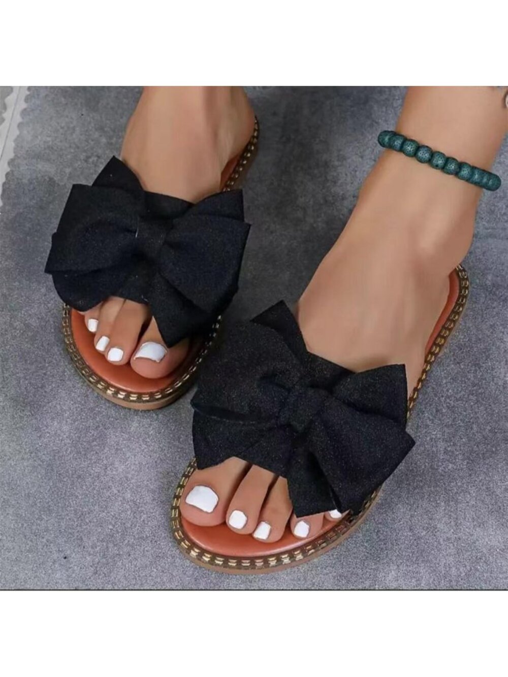 Women's Black Bow Knot Slides Open Toe Flat Sandals Slip On Beach Shoes - Picture 3 of 5